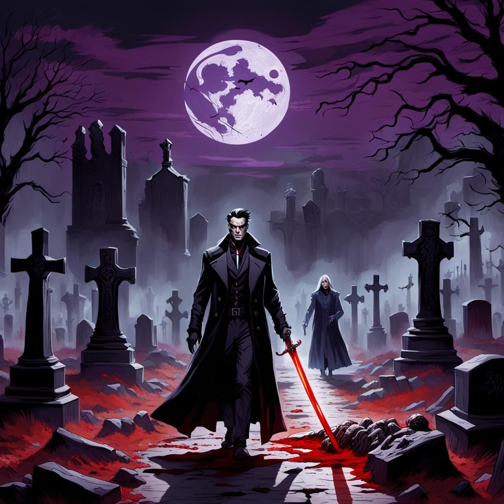 Gothic Couple in Cemetery by Moonlight