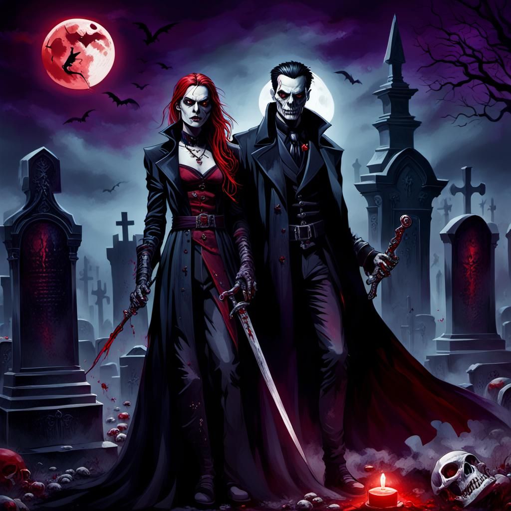 Gothic Couple in Cemetery by Moonlight