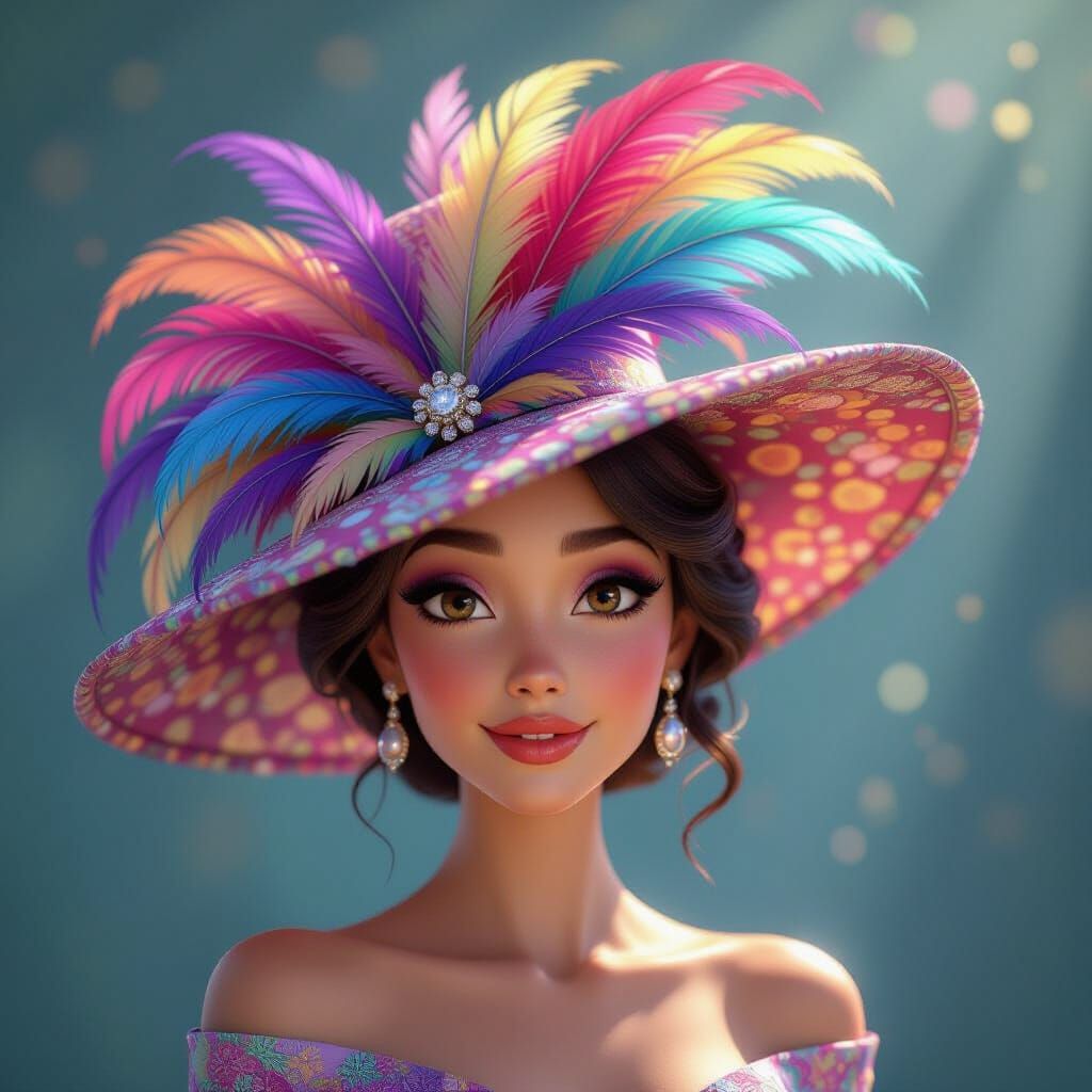 Woman with Vibrant Rainbow Feather Hat