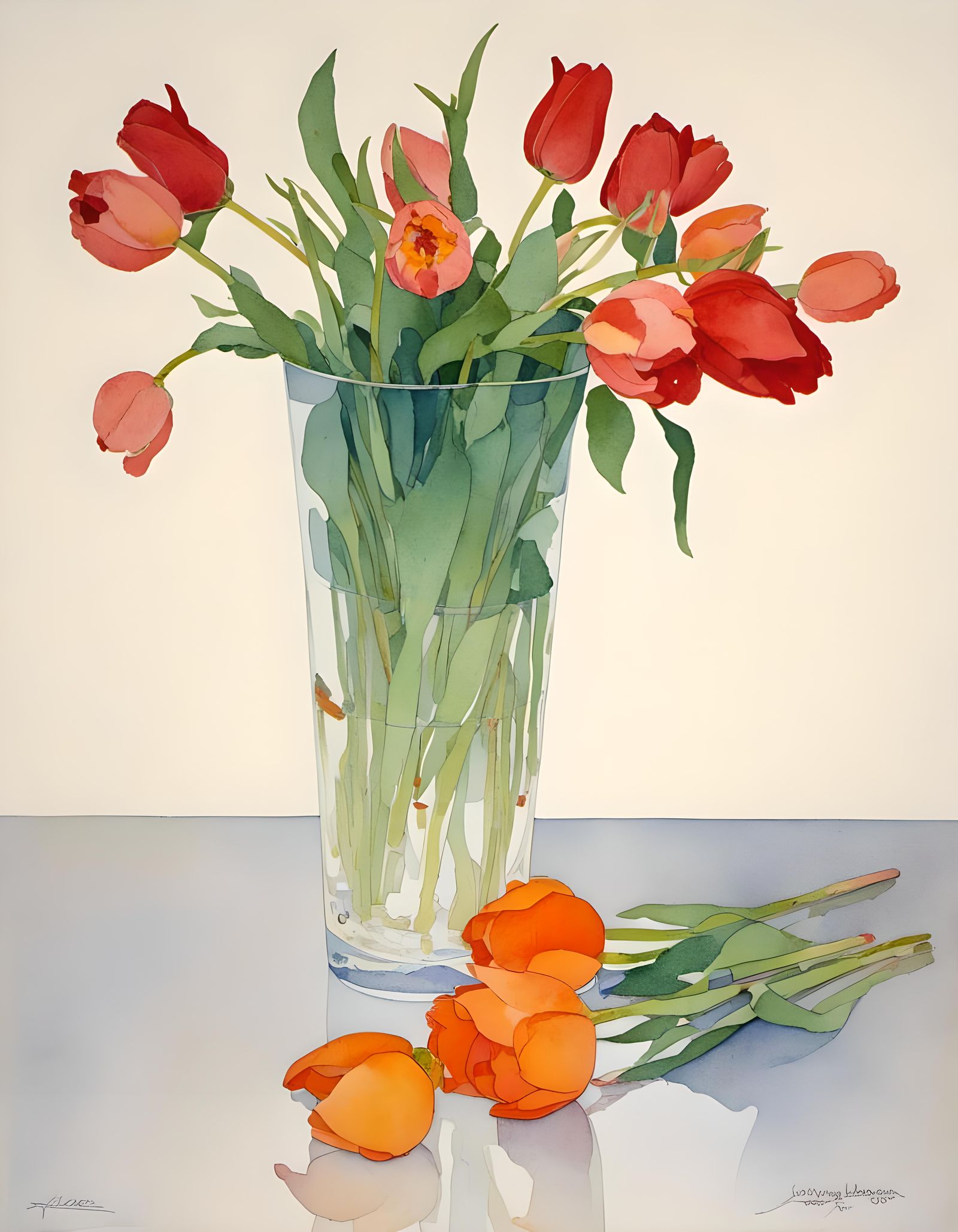 Watercolor Vase with Red Roses and Tulips
