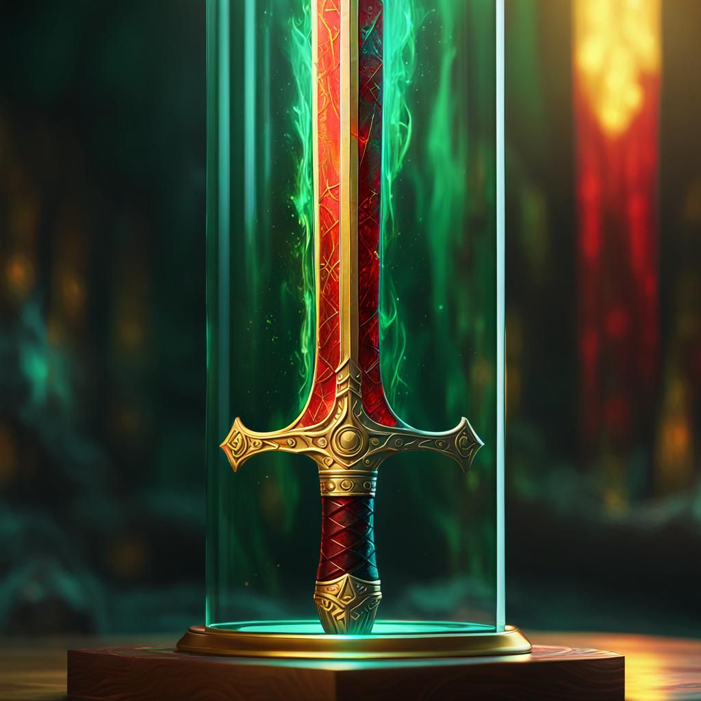 Red Glowing Sword in Glass Case, Fantasy Art