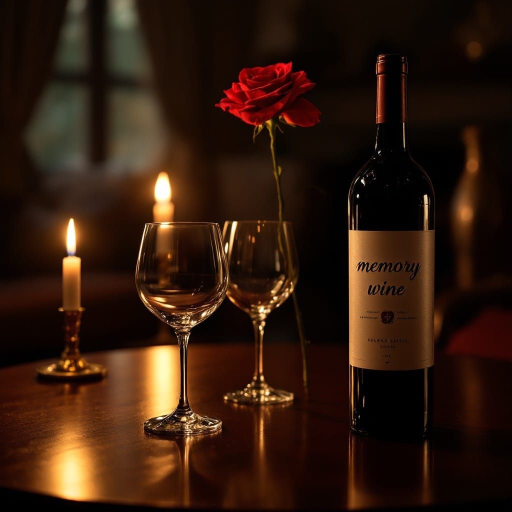 Elegant Wine Glasses and Rose in a Cozy, Dimly Lit Room