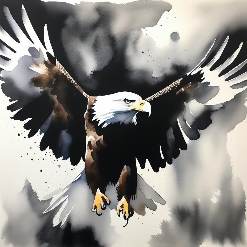Eagle in Flight: Black and White Watercolor