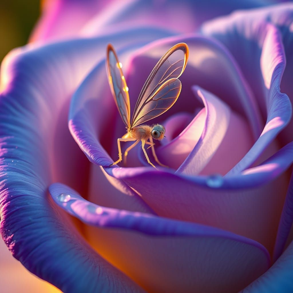 Delicate Fairy Sits on Blue Rose in Morning Light