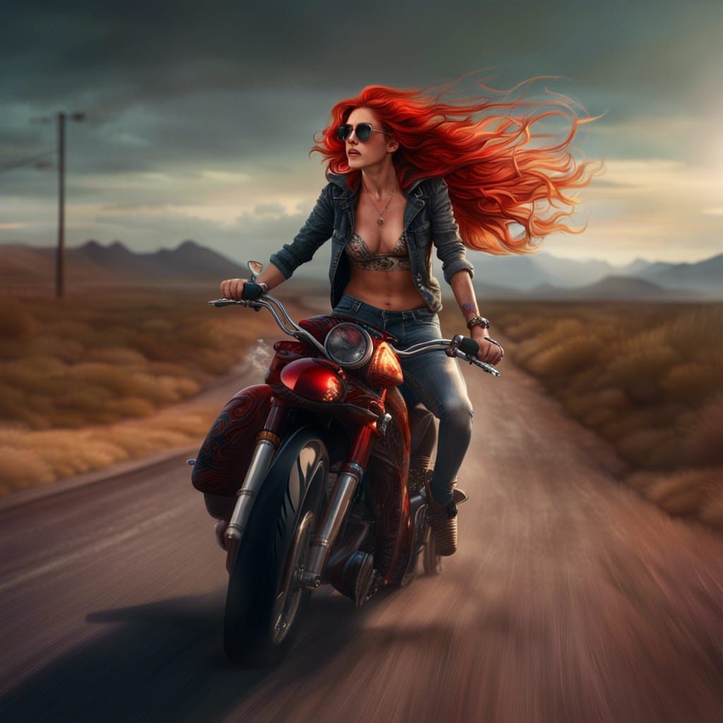 Woman on Motorcycle with Flowing Red Hair