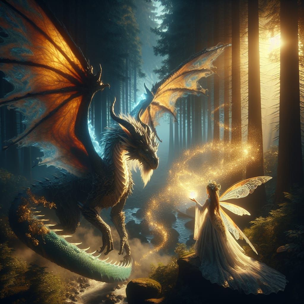 Fairy Heals Dragon with Magic in Enchanted Forest