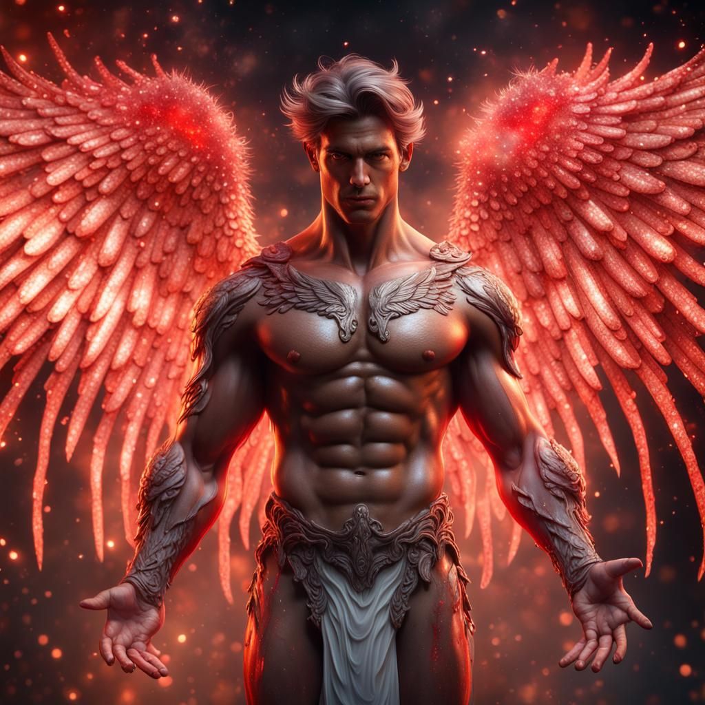 Mystical Angel with Red Sparkles in Hyperrealistic Style