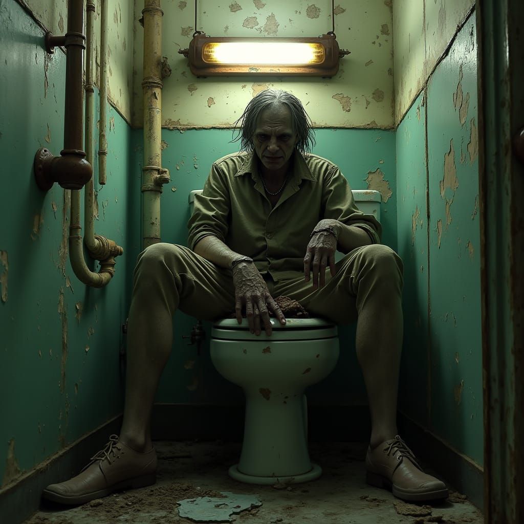 A grizzled Fallout Ghoul wearily rests on a dilapidated toilet in a crumbling, post-apocalyptic bathroom. The scene is l...