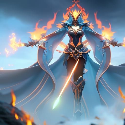 Fiery Female Wizard Summoning Portal, Digital Art