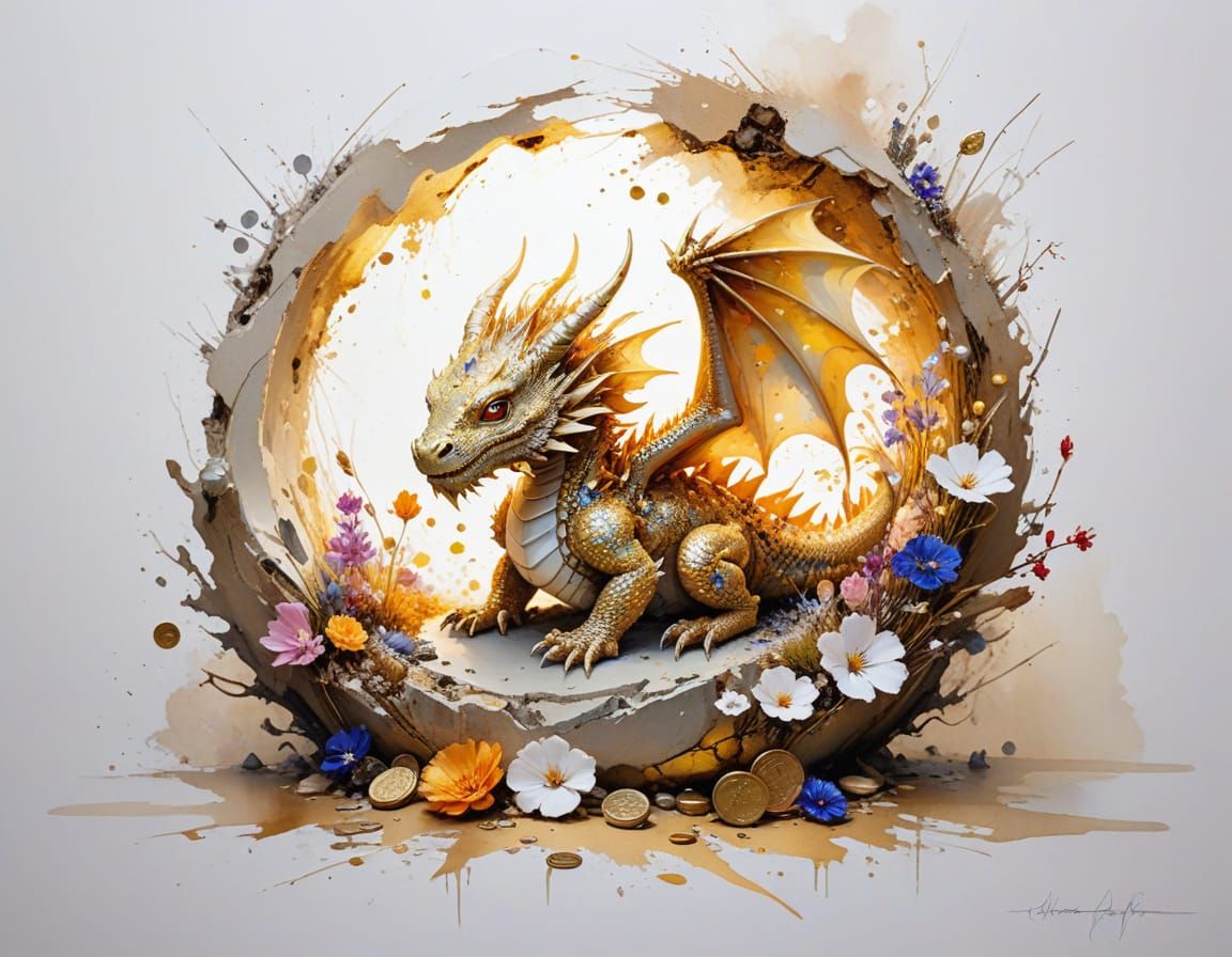 Adorable Chibi Dragon in Treasure Cave Watercolor Art