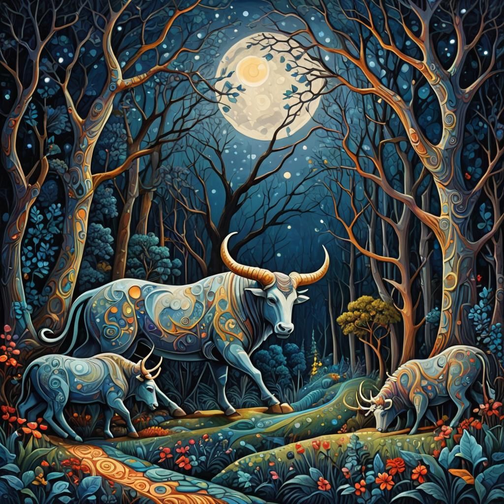 Stylized Minotaur Battles Giant Caterpillar Under Full Moon...