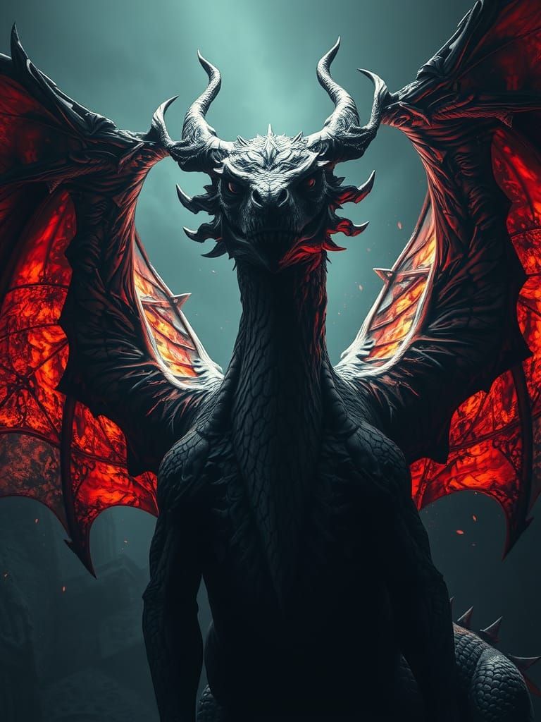 a iluminist portrait of a Undead Dragon with great open wings and inside the wings reflect of a old war. head and should...