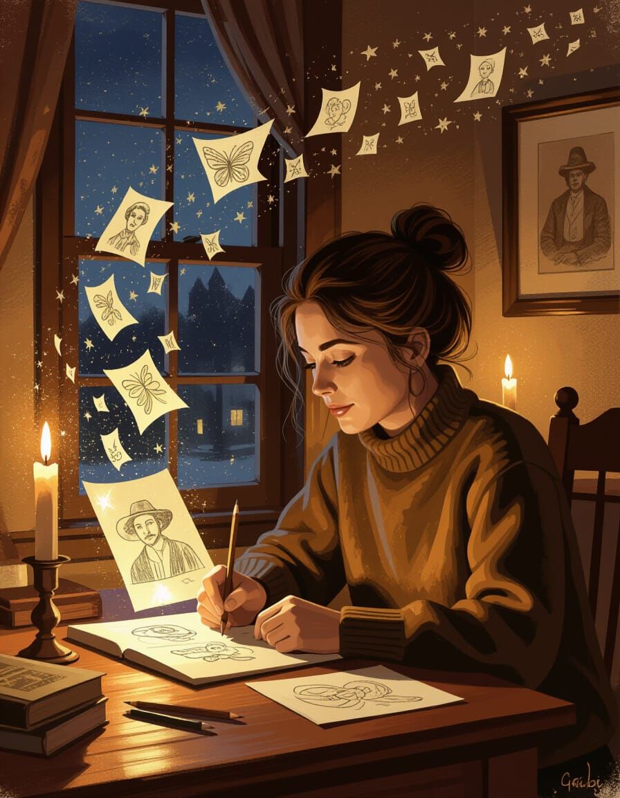 Dreams Take Flight: A Person Sketching by Candlelight