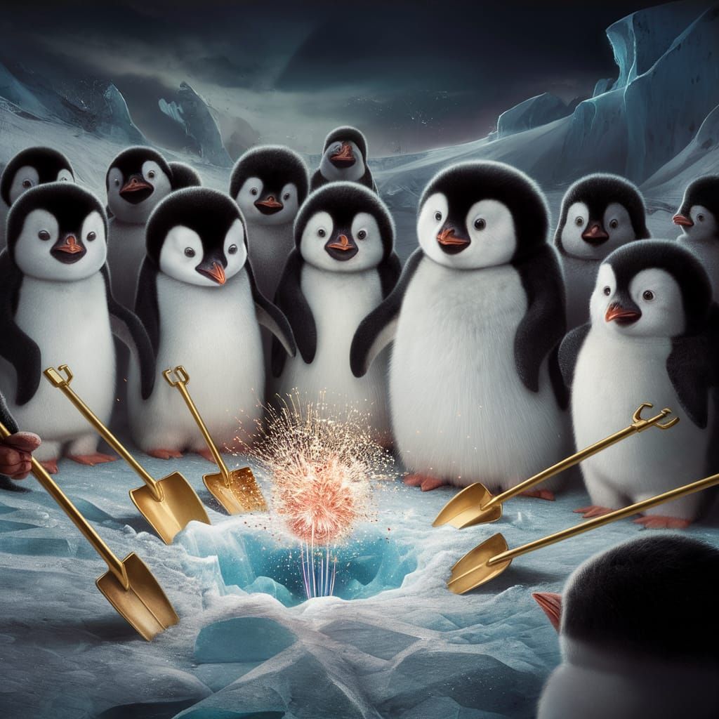 Whimsical Penguins Marvel at Glowing Ice Orb in Fantastical ...