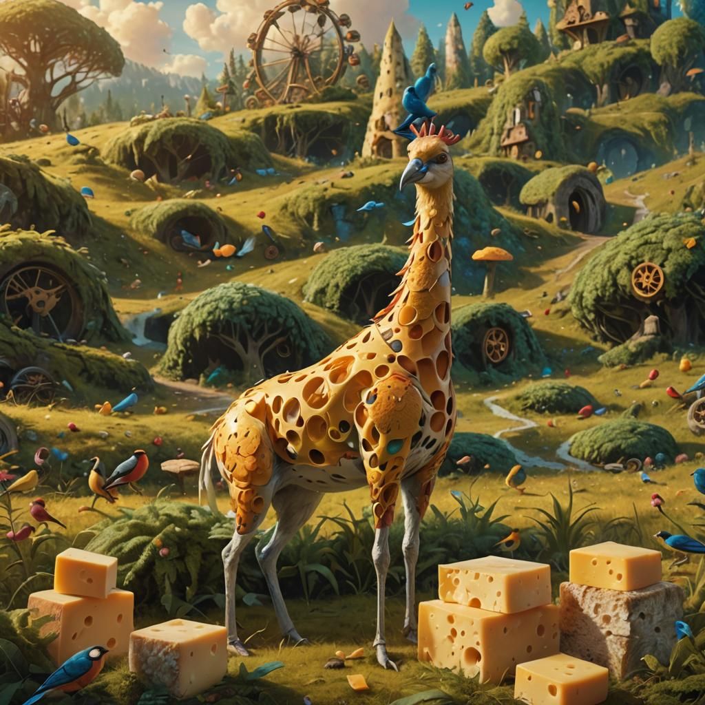 Whimsical Forest: Birds and Cheese in Art Nouveau Style