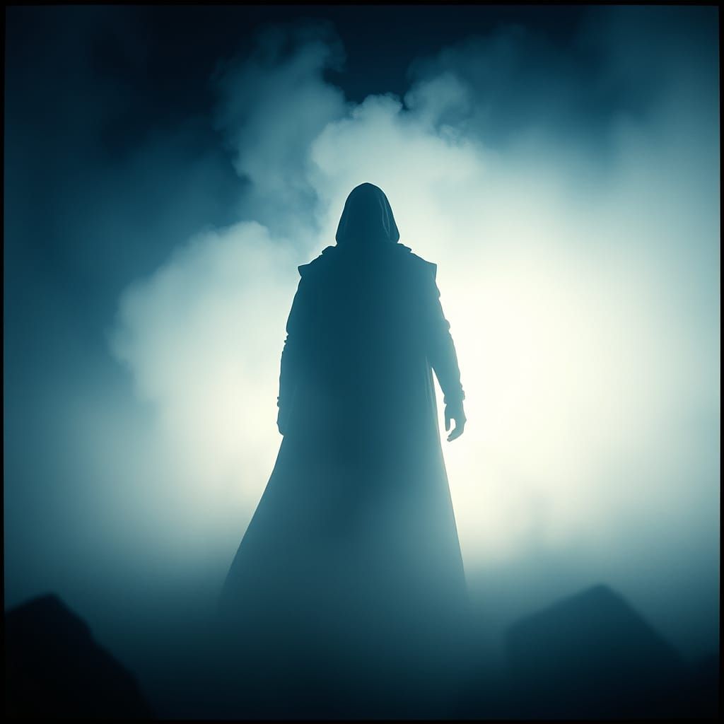 Dramatic Figure in Mist: Cinematic Film Still