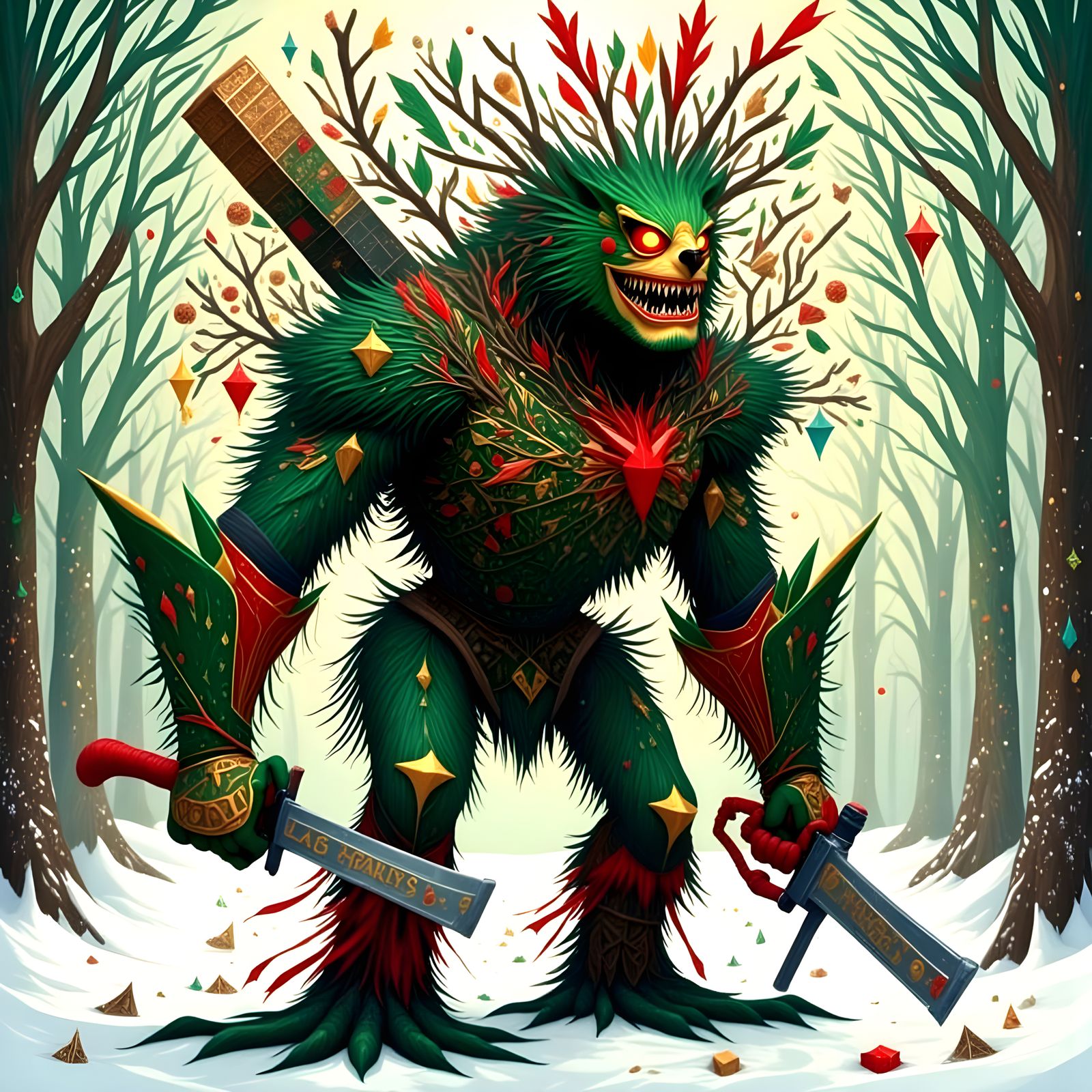 Festive Christmas Trees Under Twisted Snowy Skies