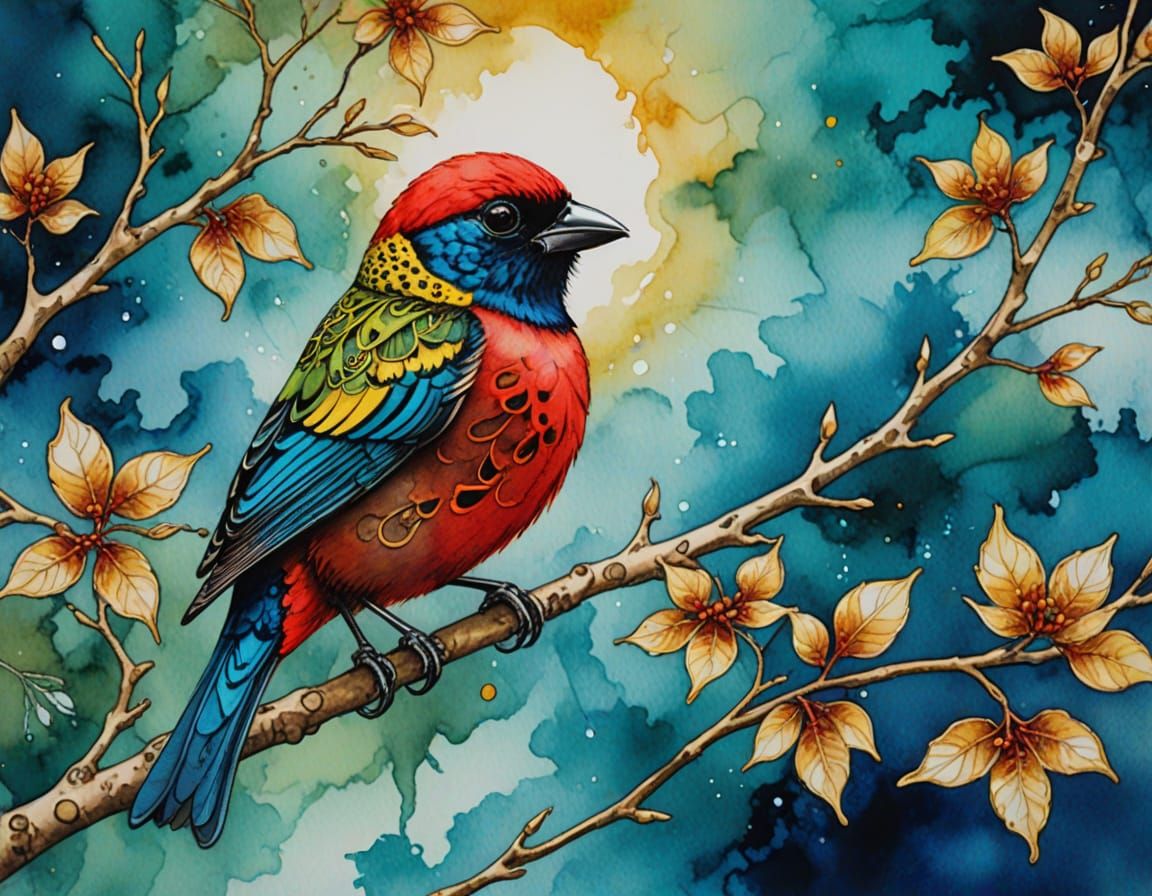 Watercolor Bird Masterpiece with Gold Filigree