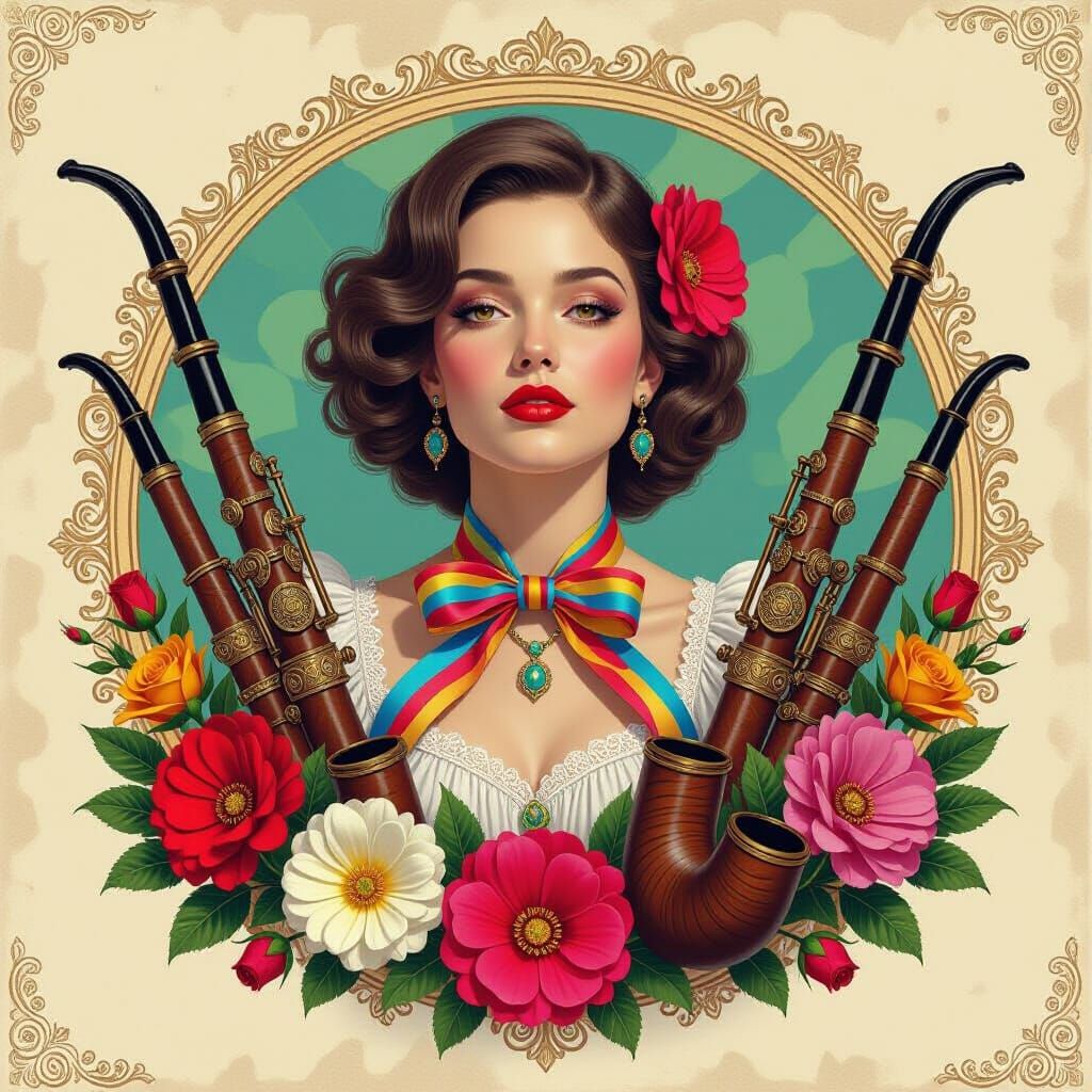 Woman with Flowers in Realistic Lithography Style