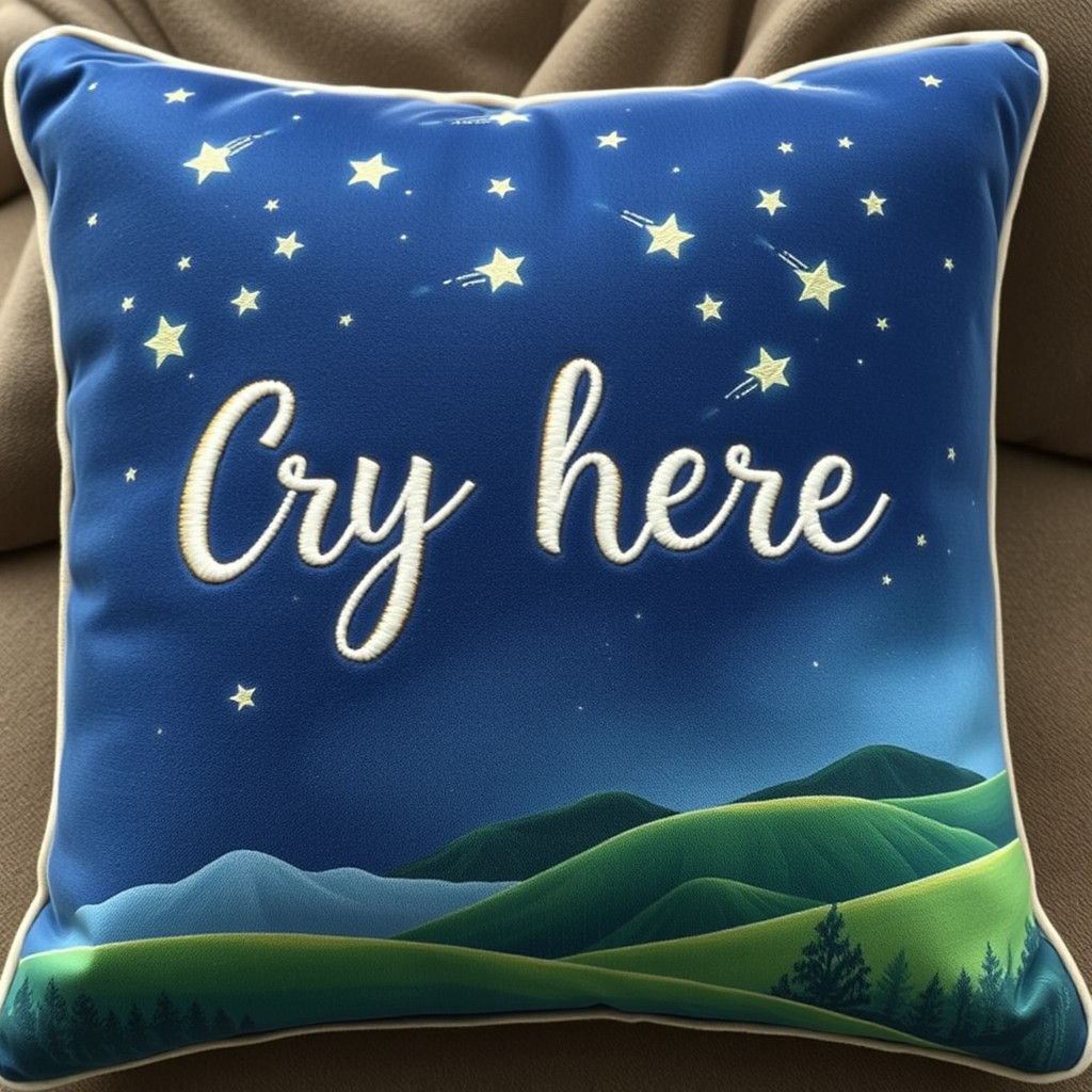 Cry Here Pillow with Shooting Stars and Green Hills
