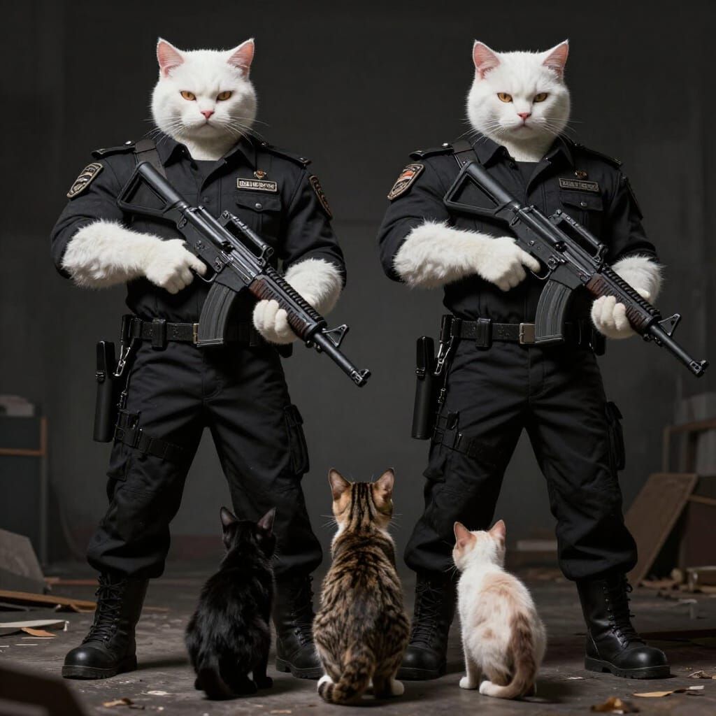 Muscular Cats Guarding Kittens in Gritty Concept Art