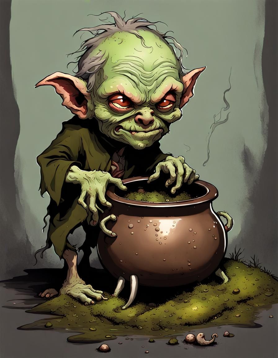Chibi Goblin Stirring Cauldron as 3D Digital Art