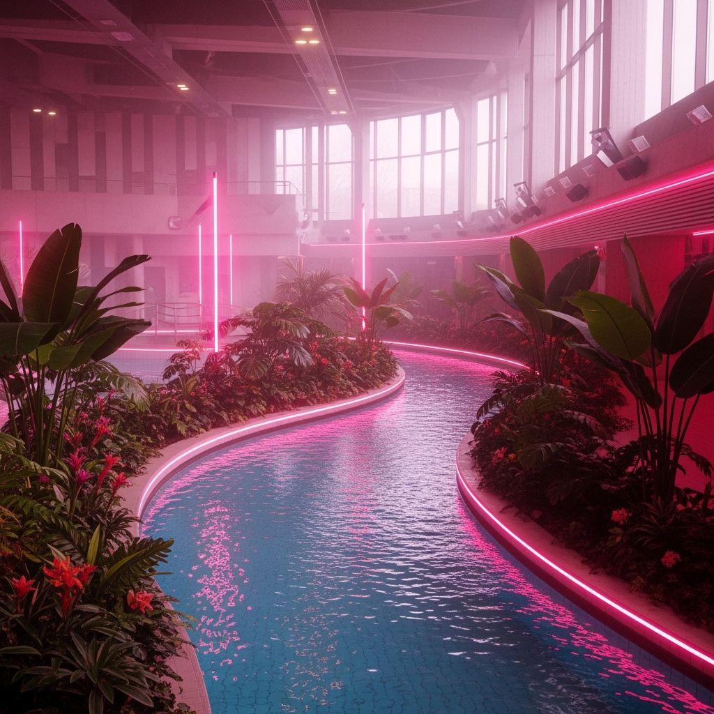 Iridescent Pool River in Vaporwave Swimming Hall