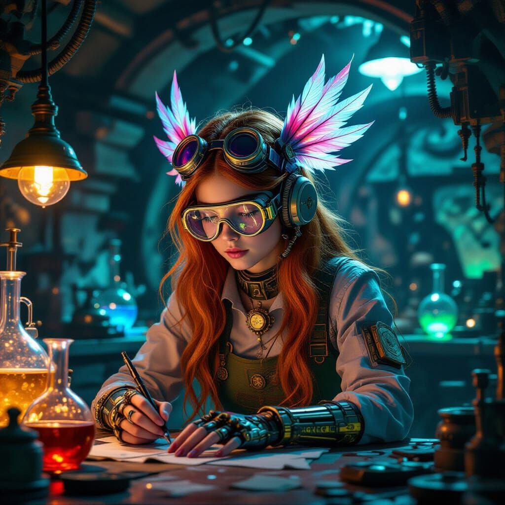 Steampunk Inventor Girl in Underground Lab