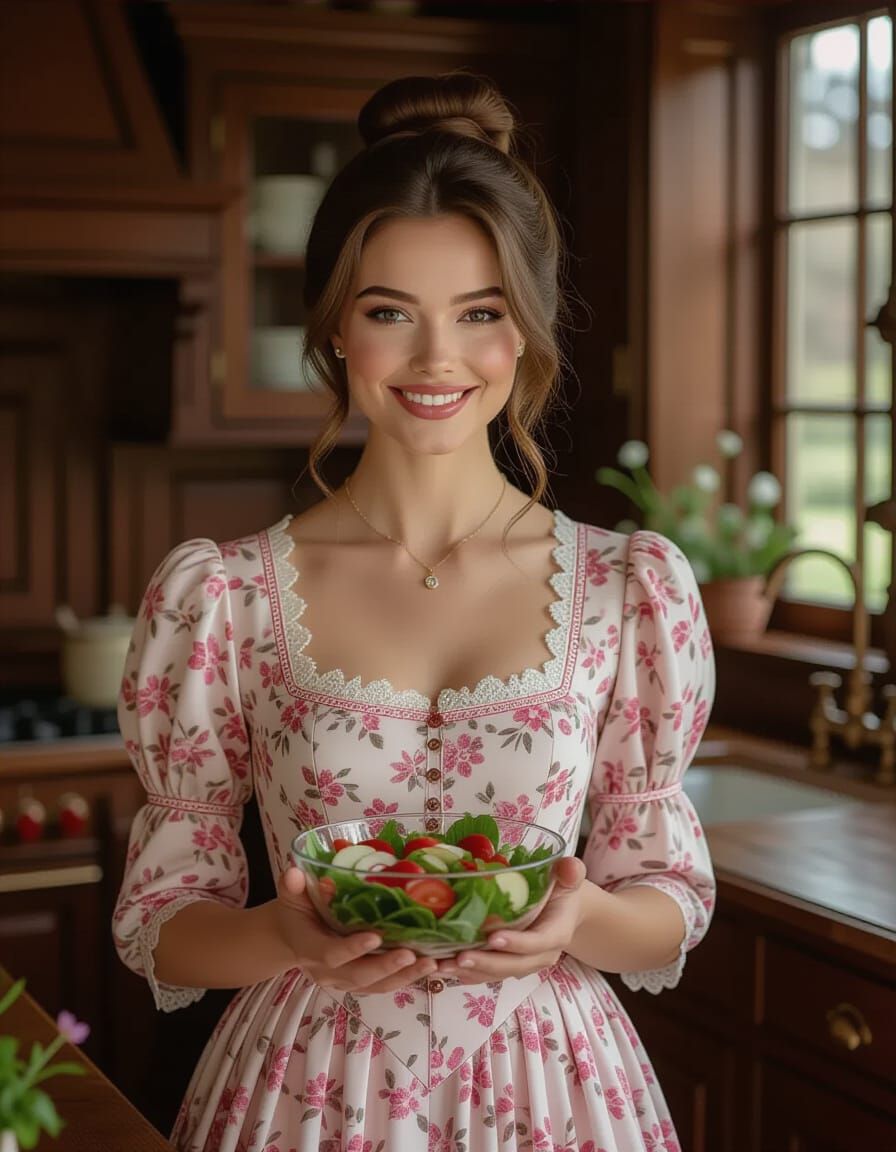 Victorian Woman In Luxurious Kitchen With Salad Bowl
