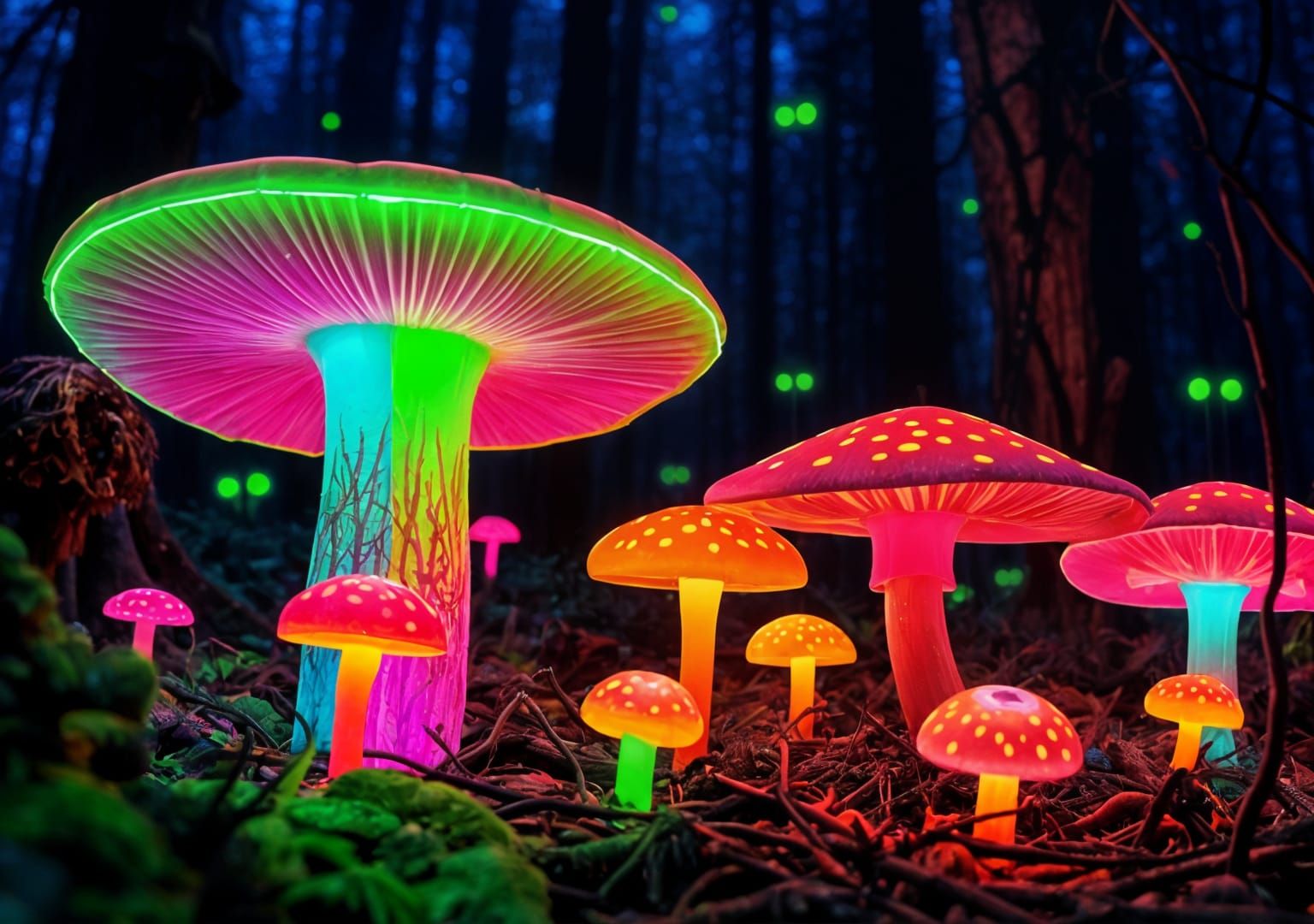Neon Mushrooms Light Dark Forest: Graffiti Art