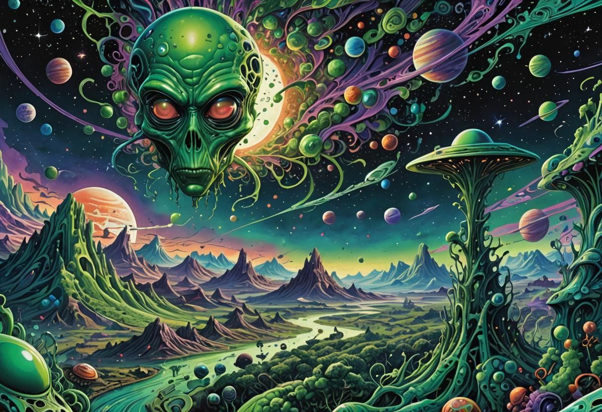 Surreal Green Alien Comic Art in Dreamlike Saturn