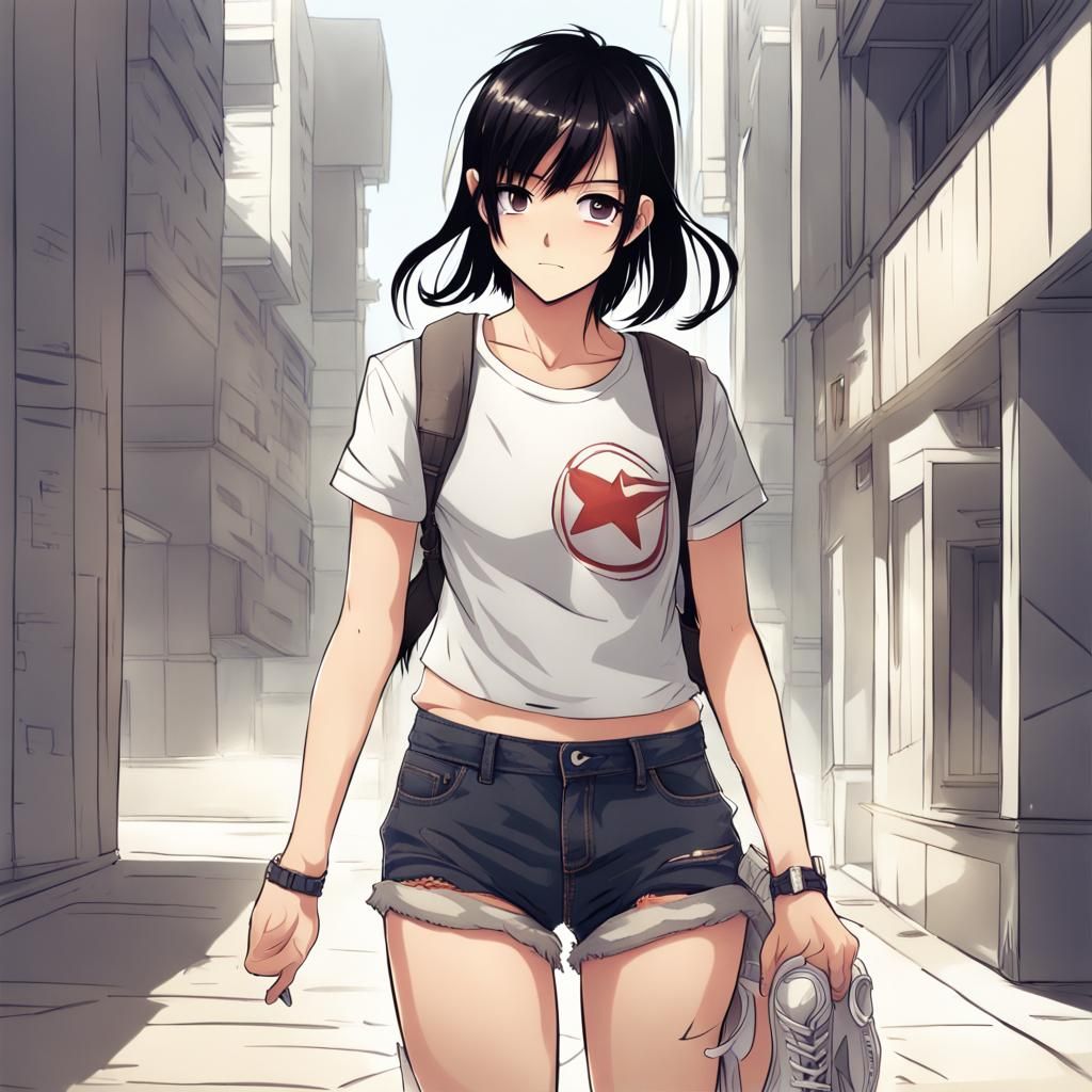 Anime Girl with Black Hair Smirks in Casual Outfit