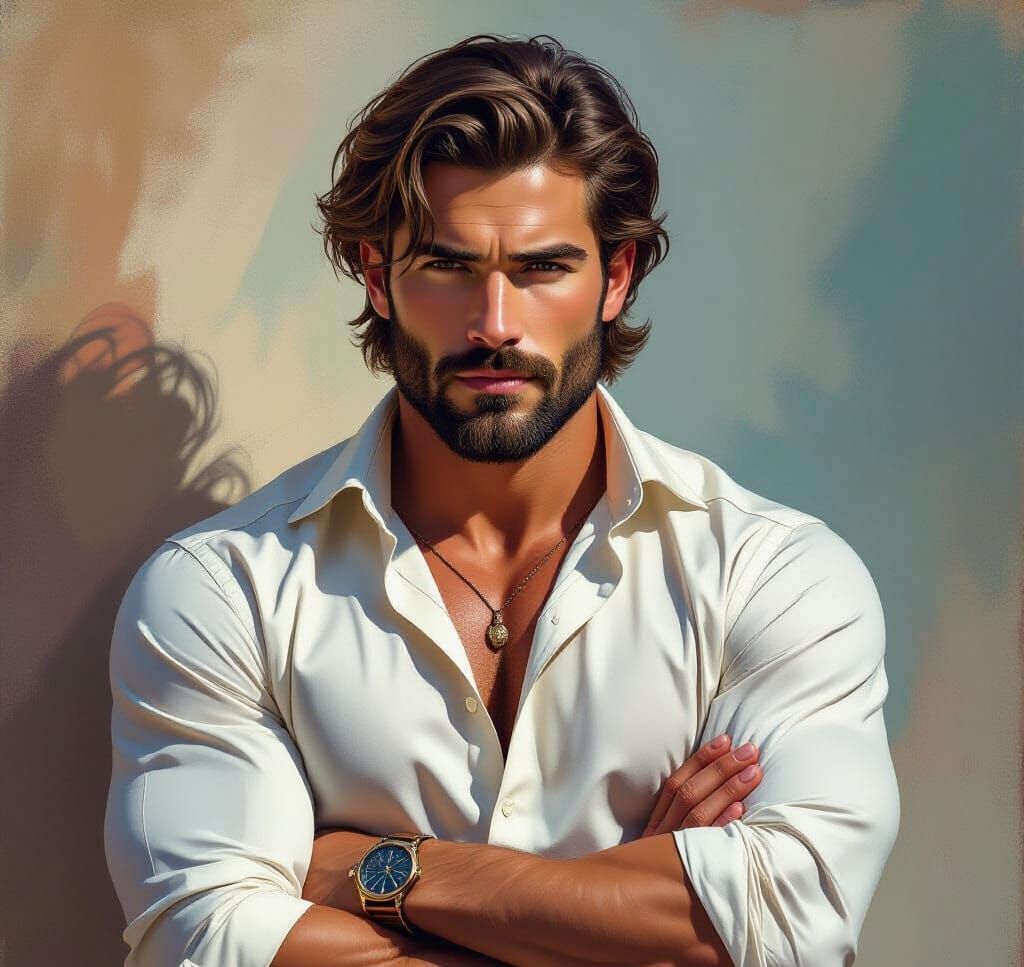 Handsome Muscular Man in Detailed Silk Shirt