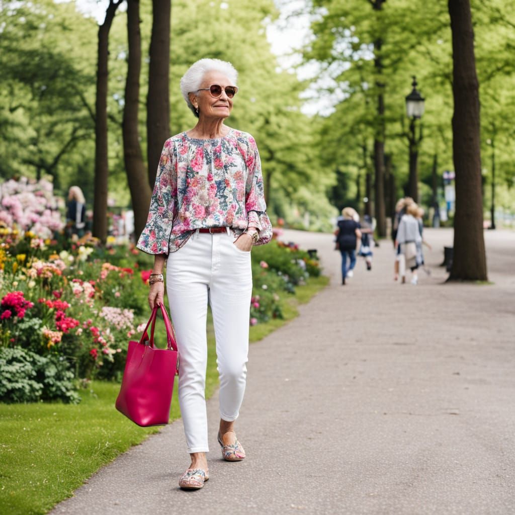 Elegant Senior Woman Strolls Through Serene Park Landscape i...