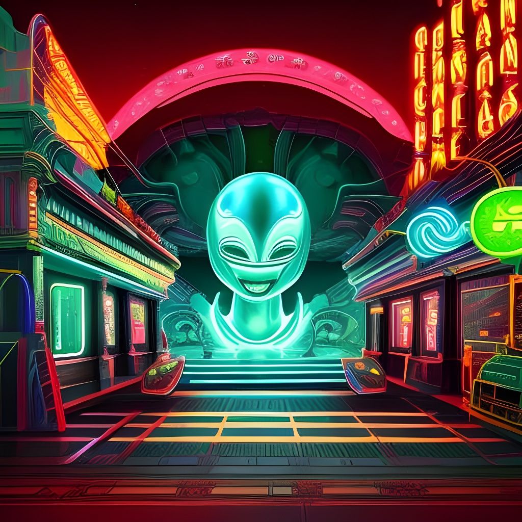 My very first creations:  "neon light alien store and alien beings"