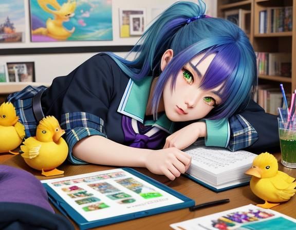Anime Girl Sleeping Surrounded by Colorful Items