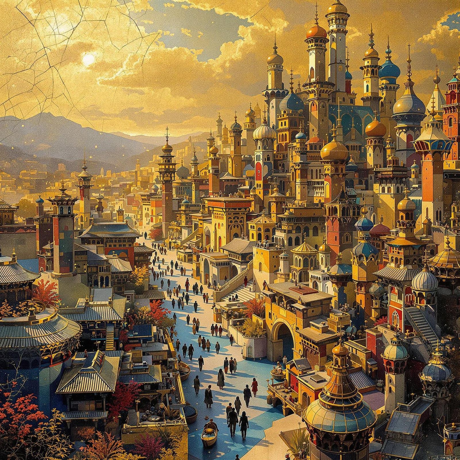 Kintsugi Mosaic City in Fantasy Realism Style