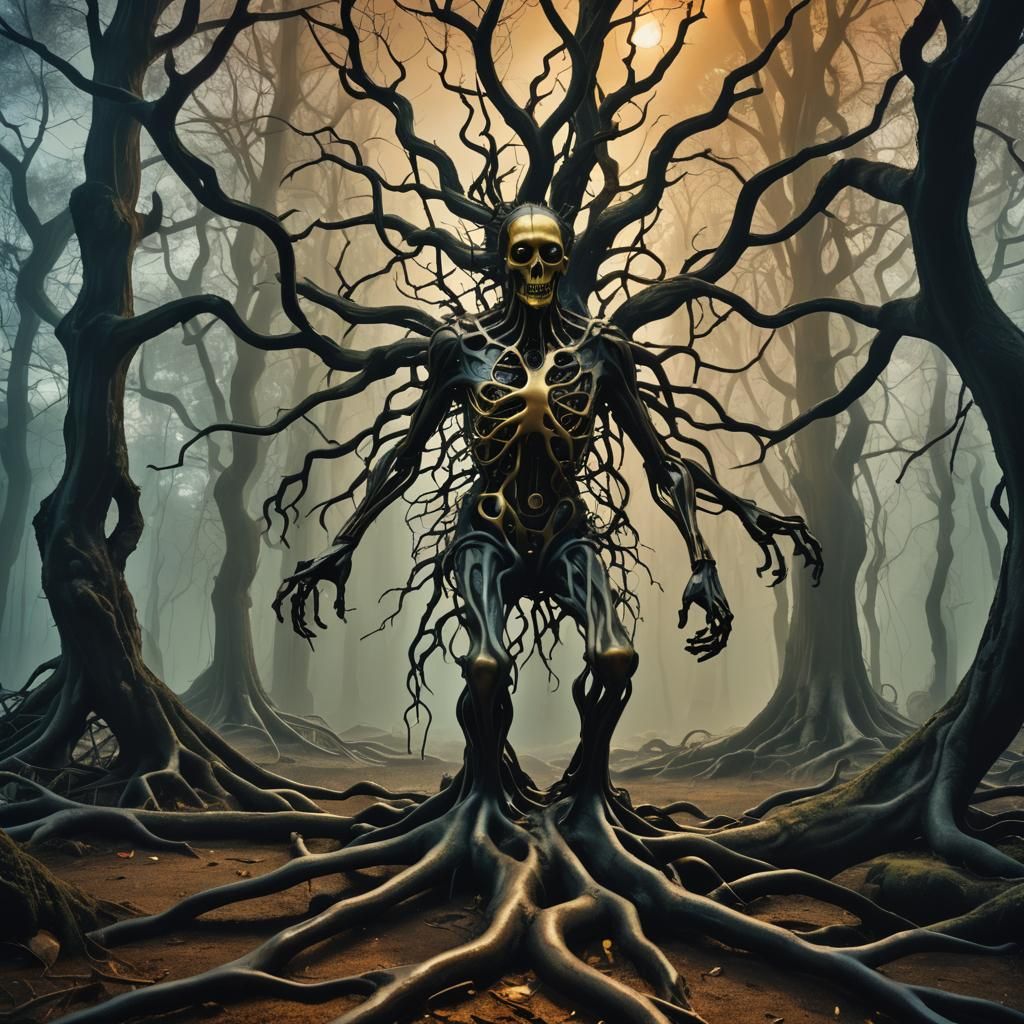 Surreal Multi-Limbed Figure in Misty Forest