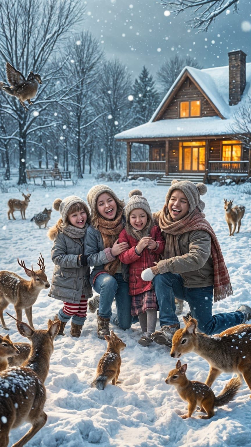 Joyful Family Playing in Sparkling Winter Snow