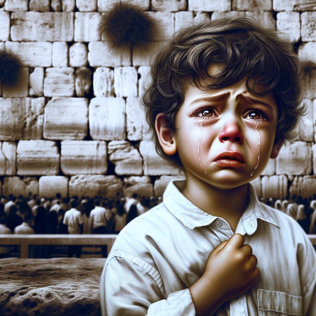 Expressive Image of Boy Crying at Western Wall