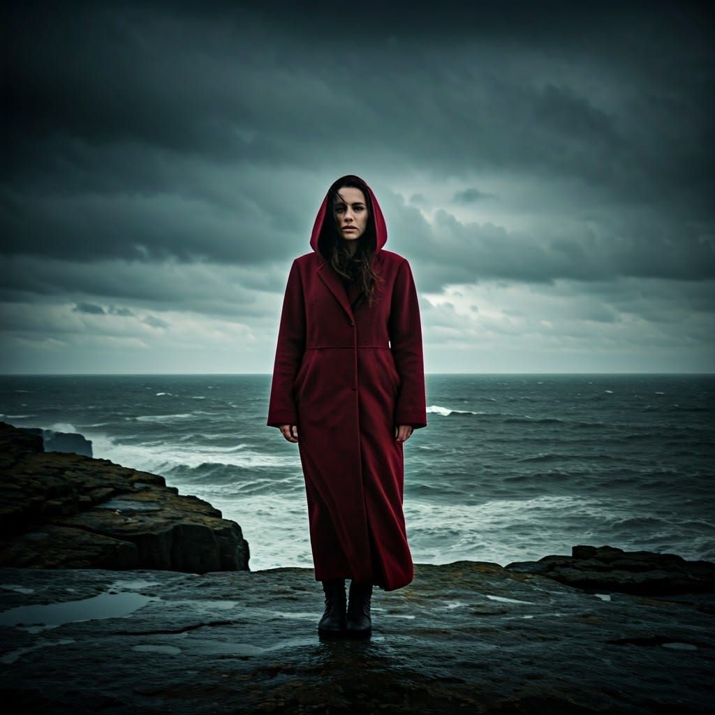 Crimson-Coated Woman Stands Alone on Windswept Cliffside in...