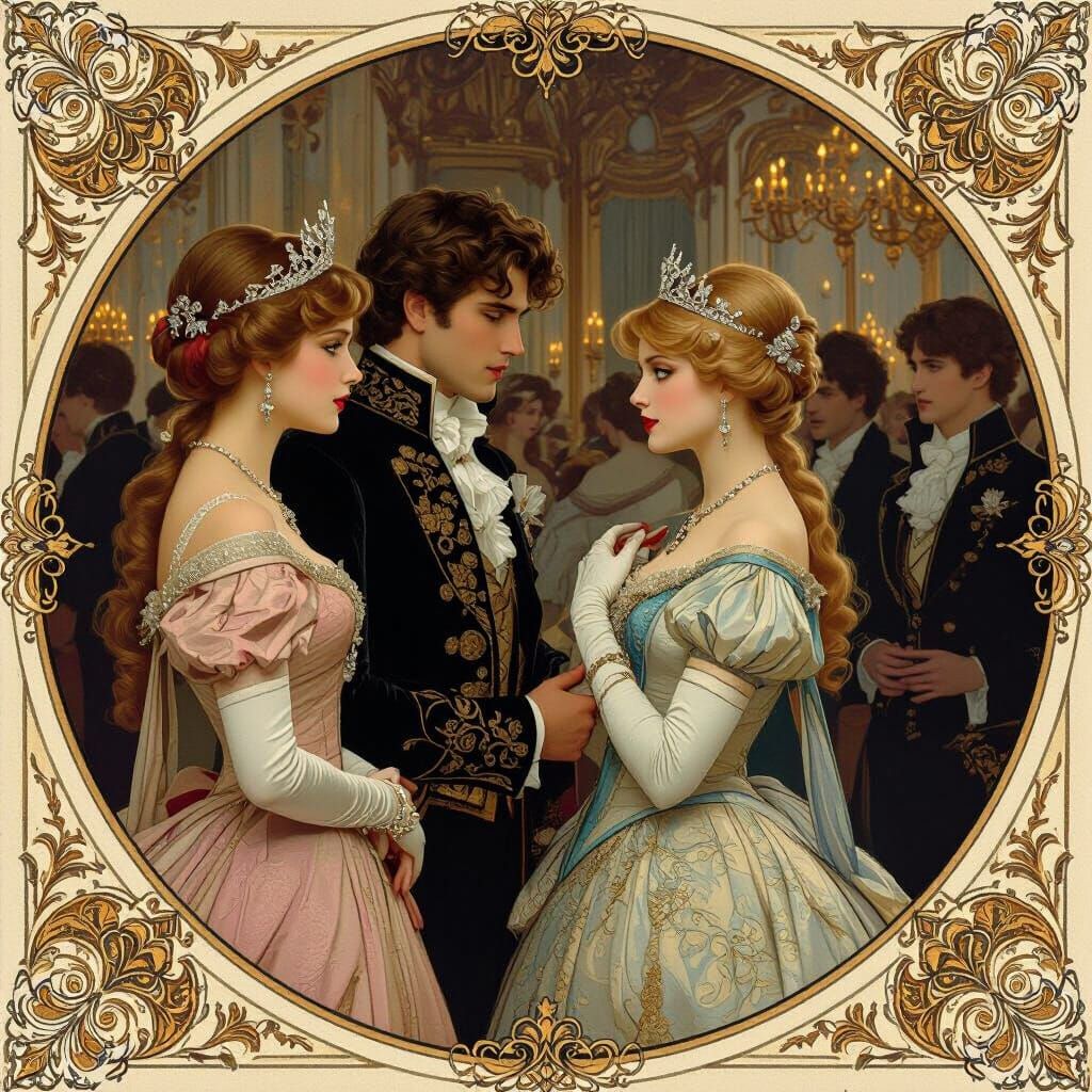 Royal Envy: Princesses Observe Prince, Art Nouveau Style