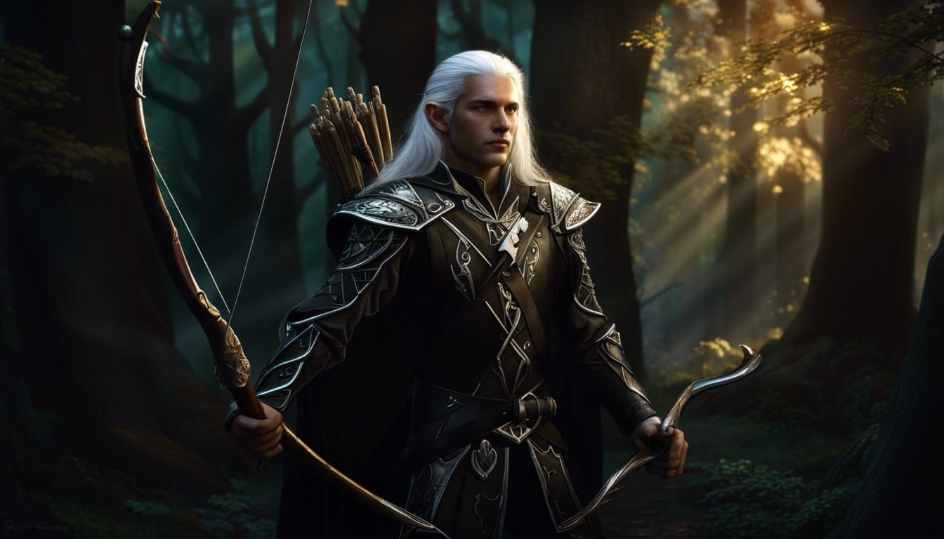 Elven Archer Hunting in Mystic Forest, Fantasy Art