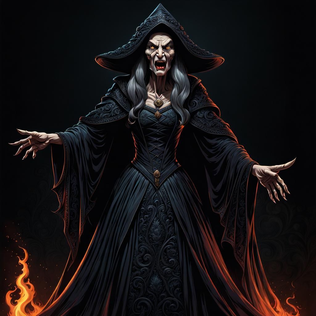 Detailed Illustration of an Evil Witch in Horror Style