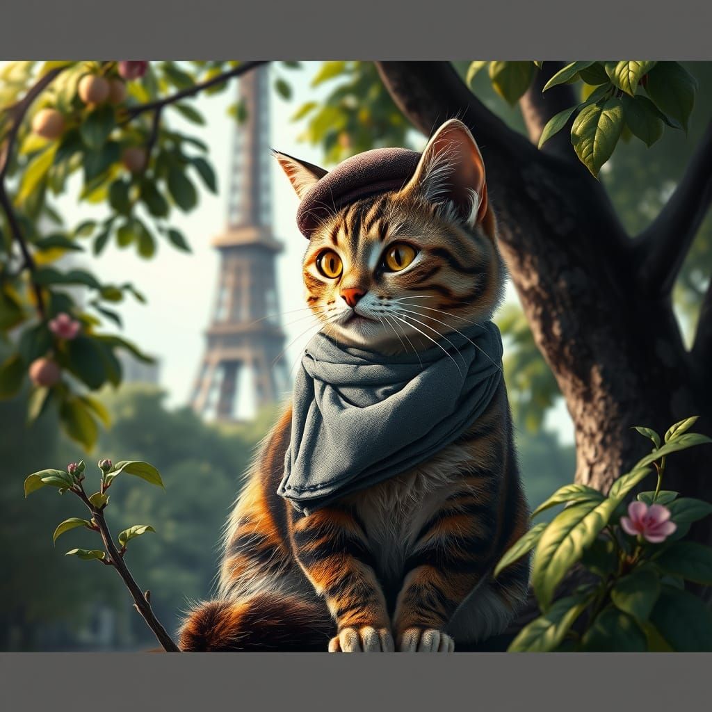 Cat in Paris: Hyperrealistic Portrait with Beret