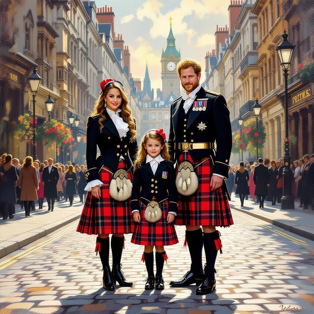 Royal Family in Kilts on London Street, Oil Painting