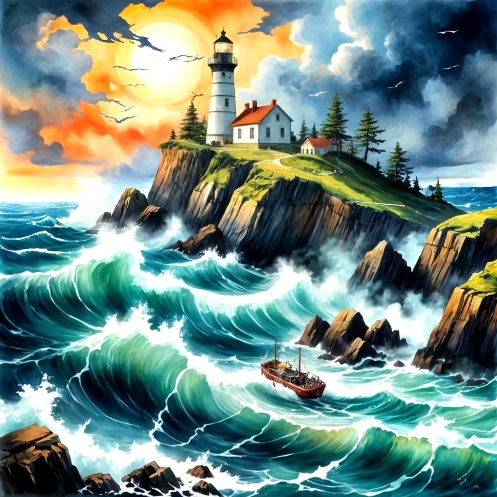 Lighthouse in Tempest: Impressionist Gouache Seascape