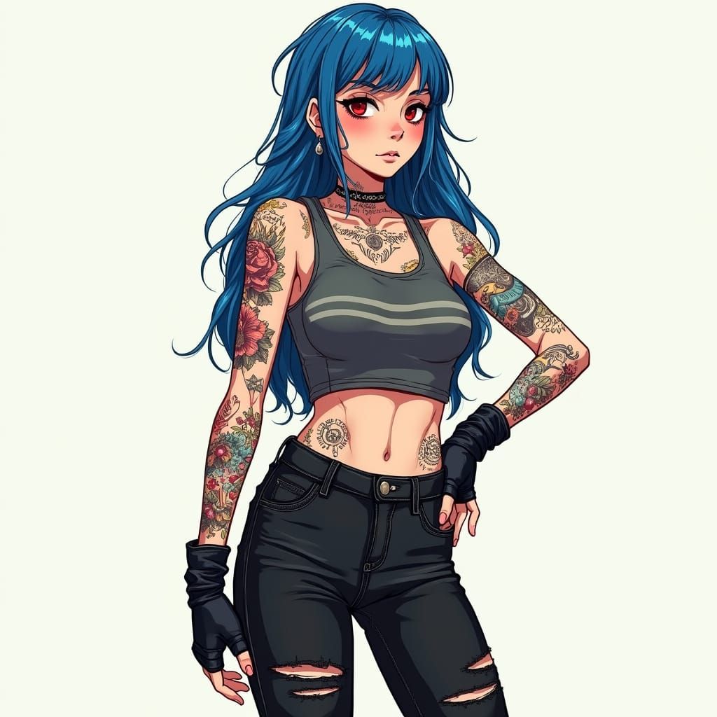 Girl with Blue Hair and Tattoos, Digital Art