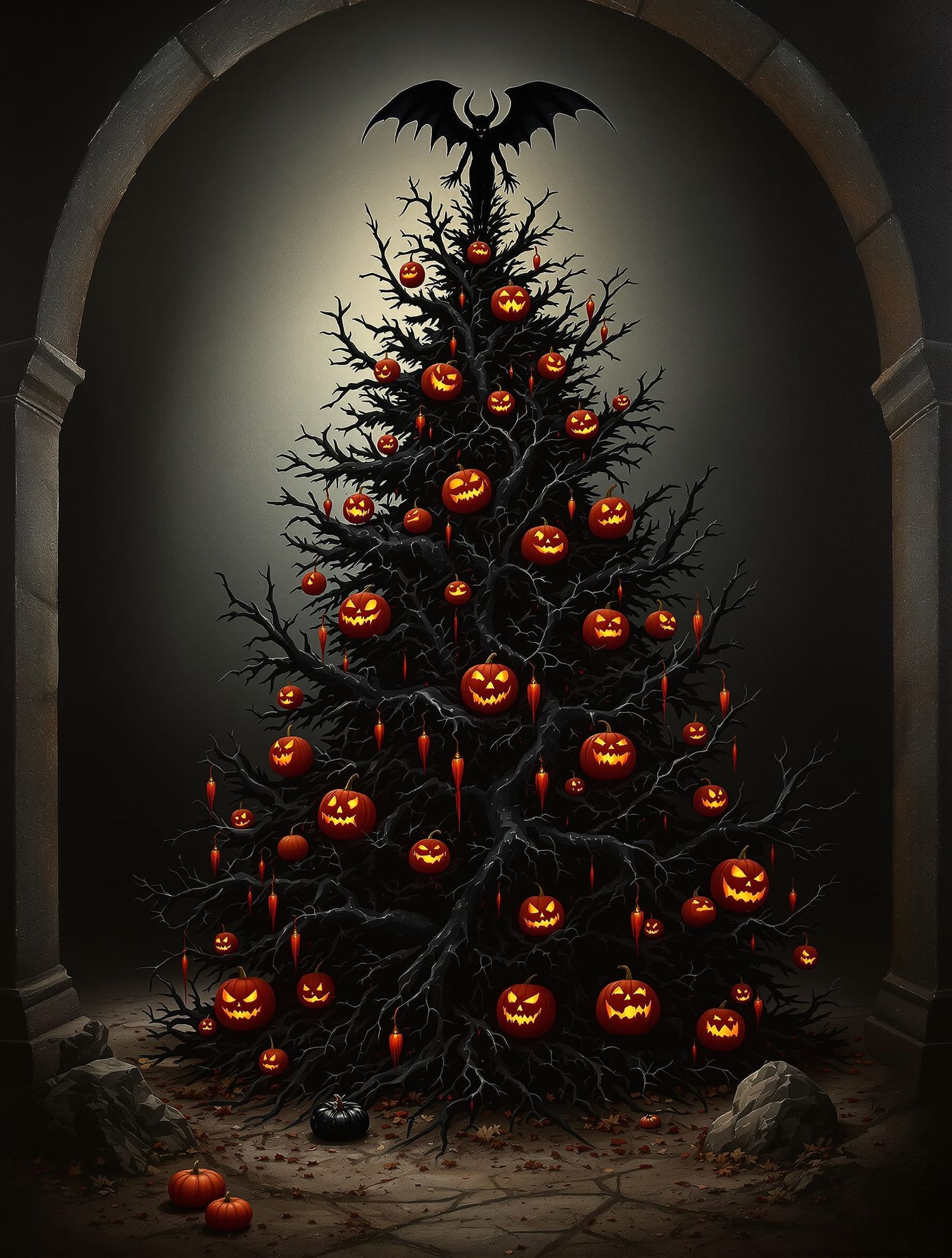Gothic Crypt Christmas Tree with Devil Topper