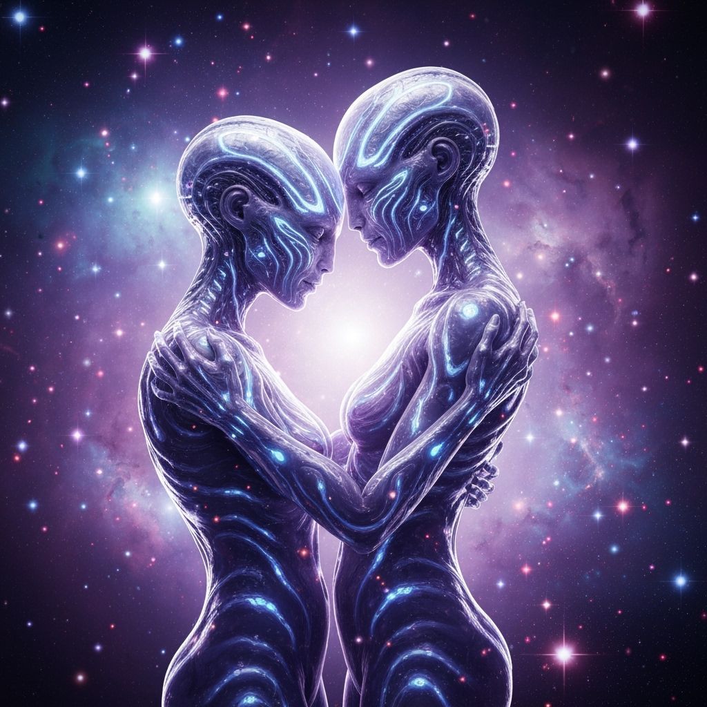 Ethereal Aliens Embrace in Cosmic Nebula